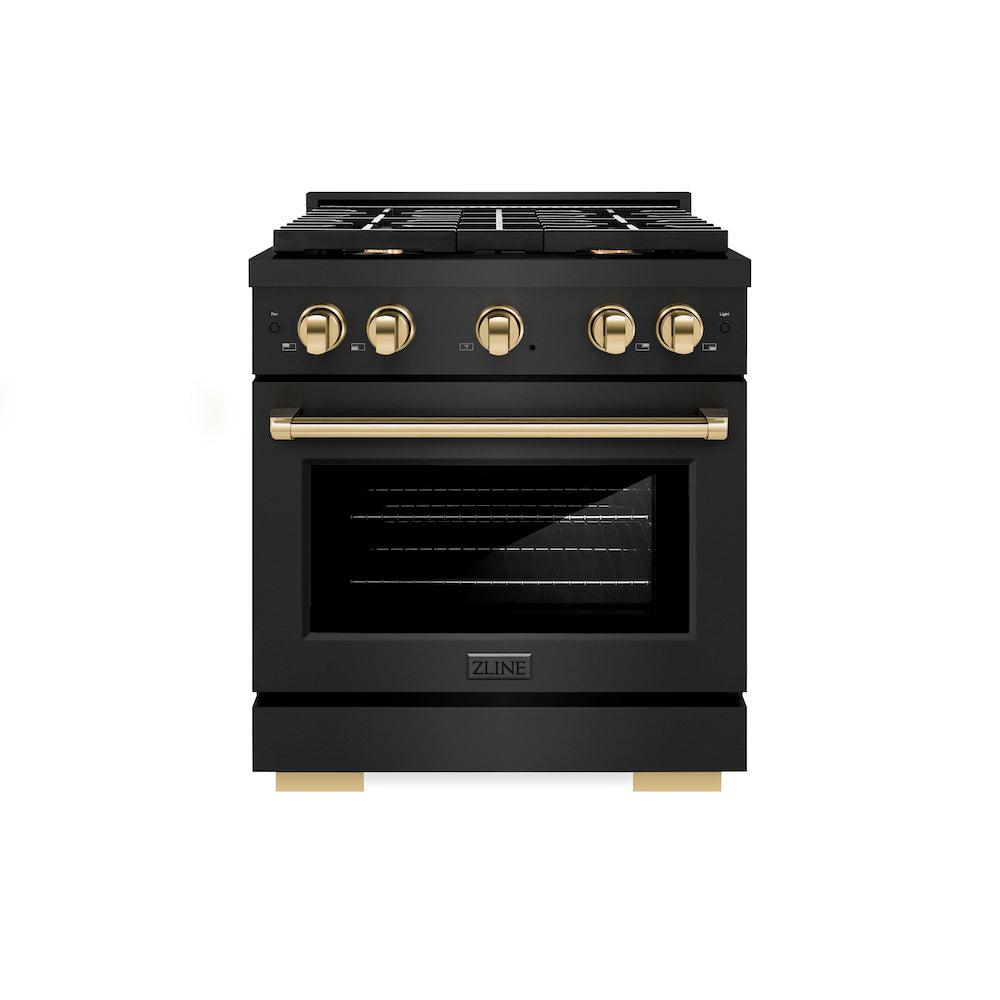 ZLINE Autograph Edition Paramount 30-inch range in black stainless steel and polished gold accents SGRBZ-30-G, front view