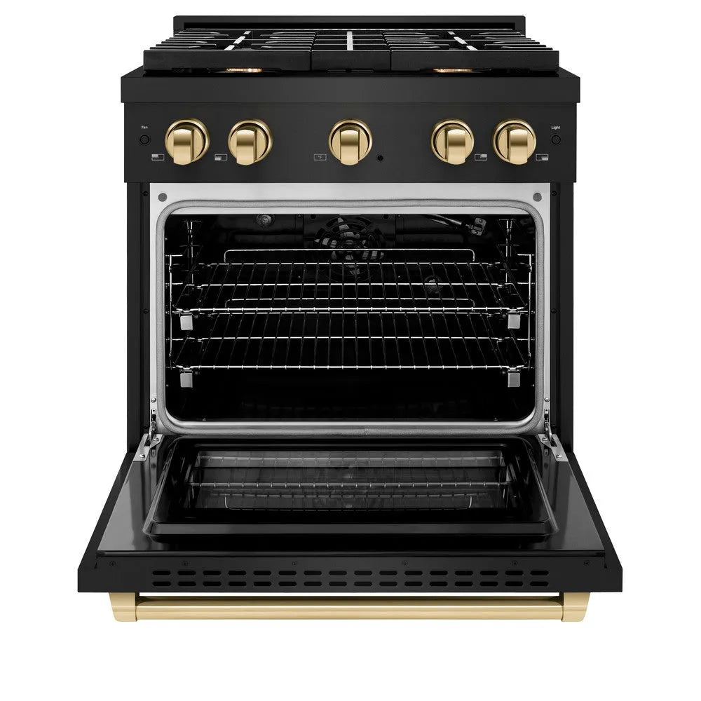 ZLINE Autograph Edition Paramount 30-inch range in black stainless steel and polished gold accents SGRBZ-30-G, front view