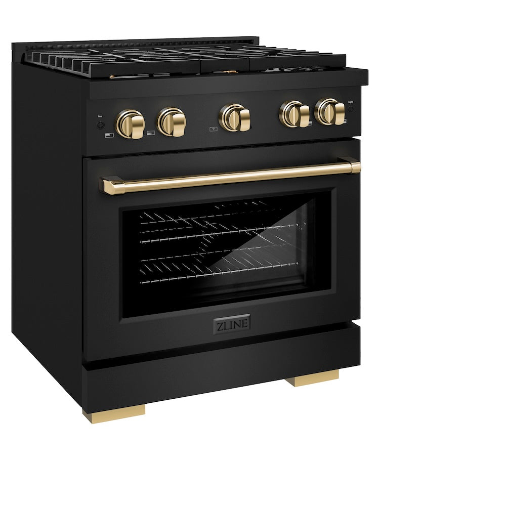 ZLINE Autograph Edition Paramount 30-inch range in black stainless steel and polished gold accents SGRBZ-30-G, view 3