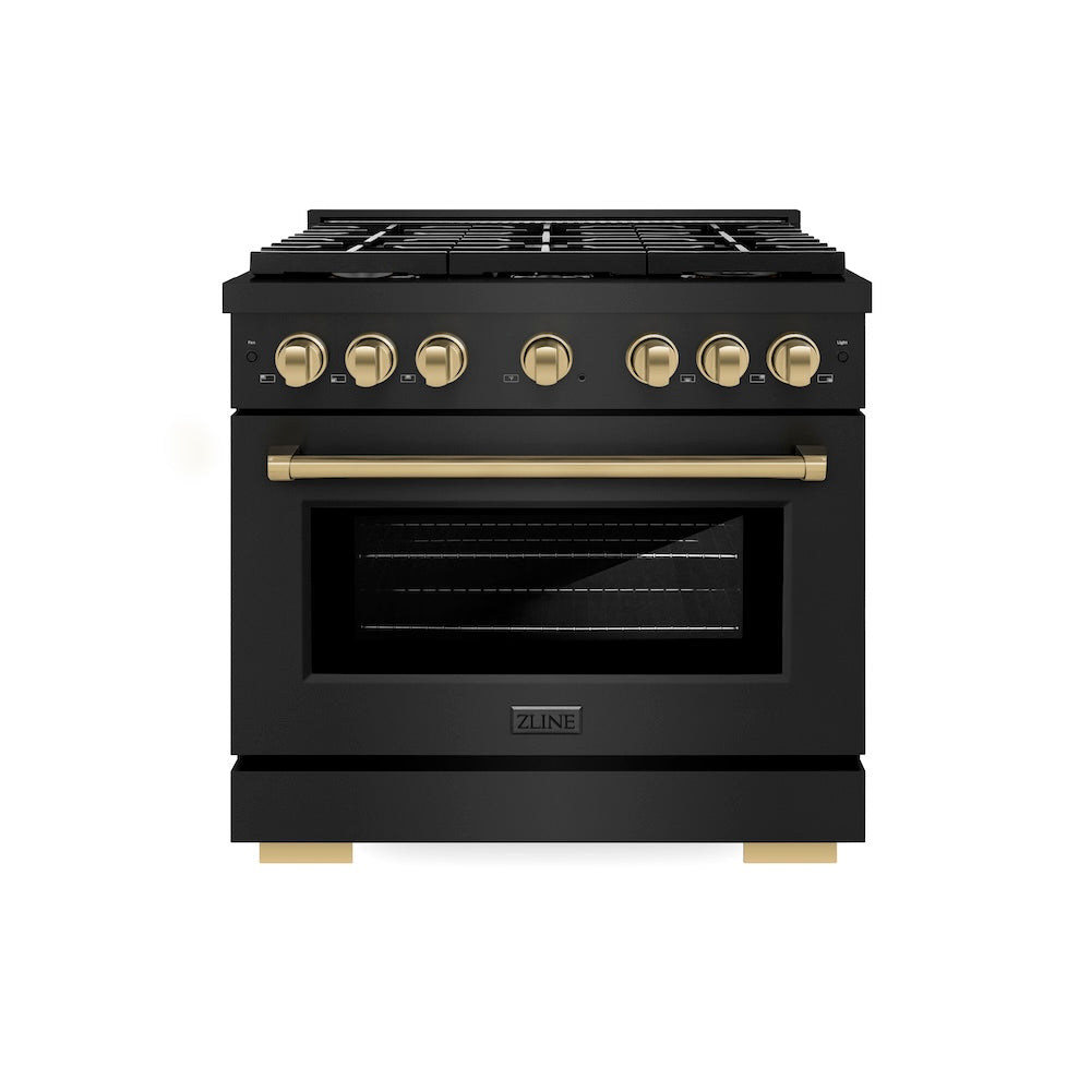 ZLINE Autograph Edition Paramount 36-inch range in black stainless steel and champagne bronze accents SGRBZ-36-CB, front view