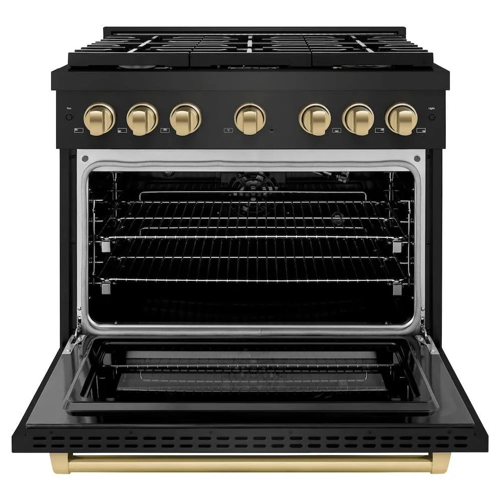 ZLINE Autograph Edition Paramount 36-inch range in black stainless steel and champagne bronze accents SGRBZ-36-CB, front view