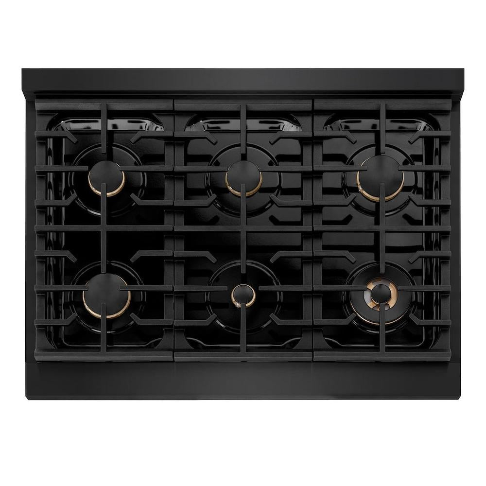 ZLINE Autograph Edition Paramount 36-inch range in black stainless steel and champagne bronze accents SGRBZ-36-CB, from above