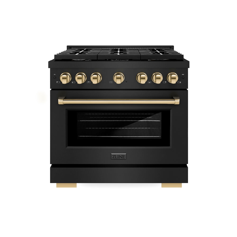 ZLINE Autograph Edition Paramount 36-inch range in black stainless steel and polished gold accents SGRBZ-36-G, front view