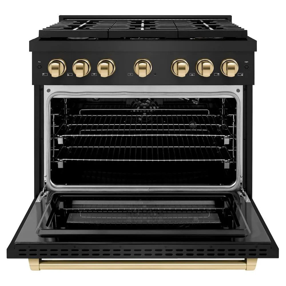 ZLINE Autograph Edition Paramount 36-inch range in black stainless steel and polished gold accents SGRBZ-36-G, front view