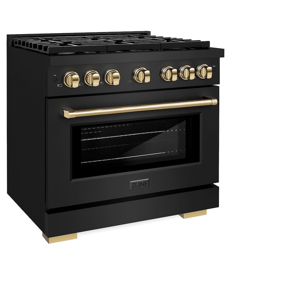 ZLINE Autograph Edition Paramount 36-inch range in black stainless steel and polished gold accents SGRBZ-36-G, view 3