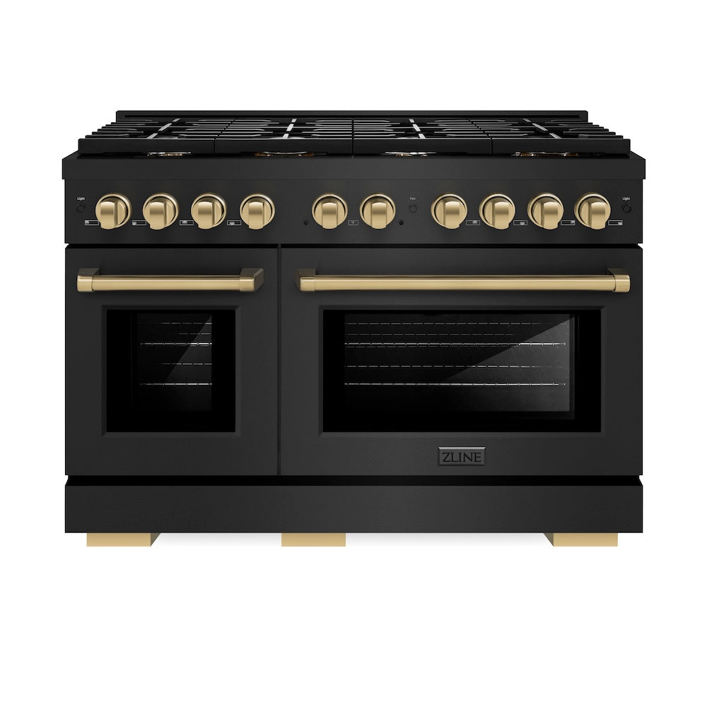 ZLINE Autograph Edition Paramount 48-inch range in black stainless steel and champagne bronze accents SGRBZ-48-CB, front view