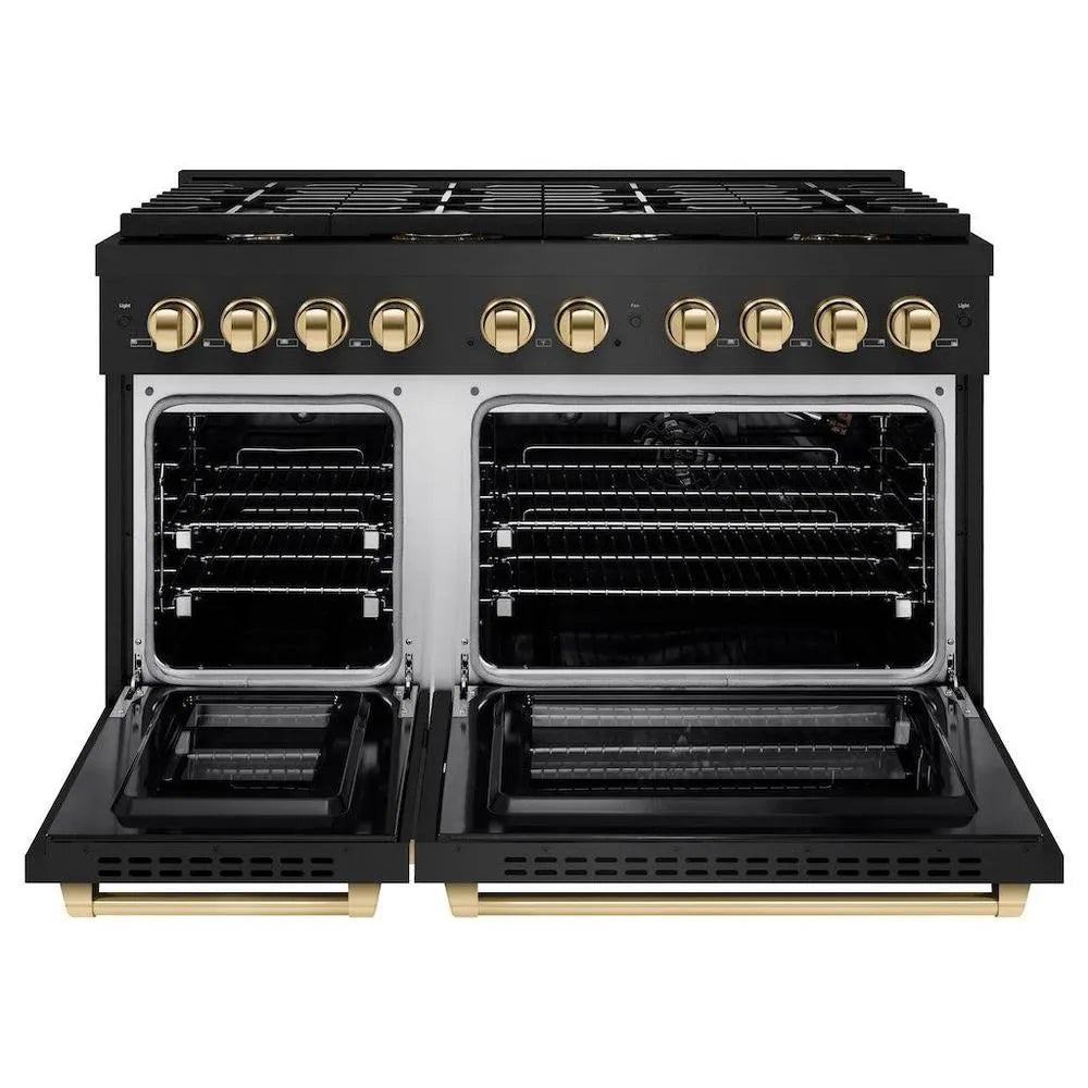 ZLINE Autograph Edition Paramount 48-inch range in black stainless steel and polished gold accents SGRBZ-48-G, front view