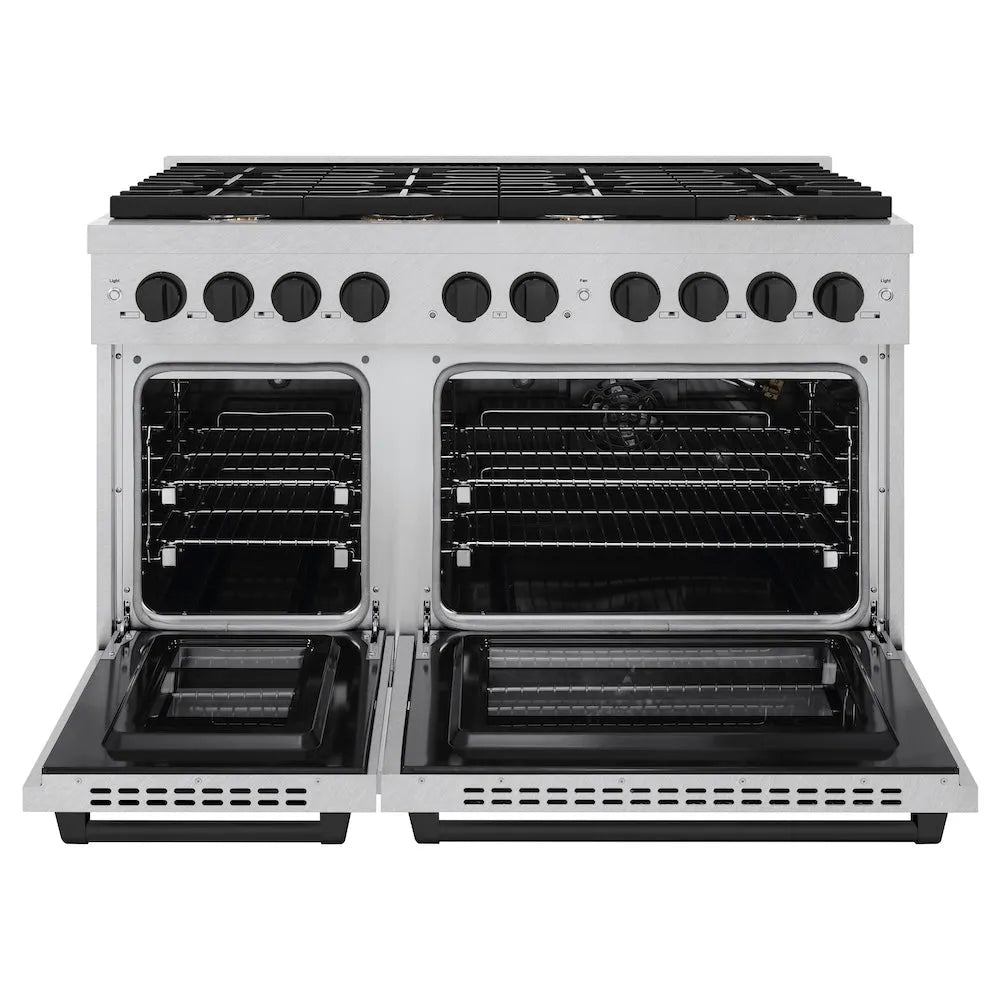 ZLINE Autograph Edition Paramount 48-inch range in satin stainless steel and matte black accents SGRSZ-48-MB, front view