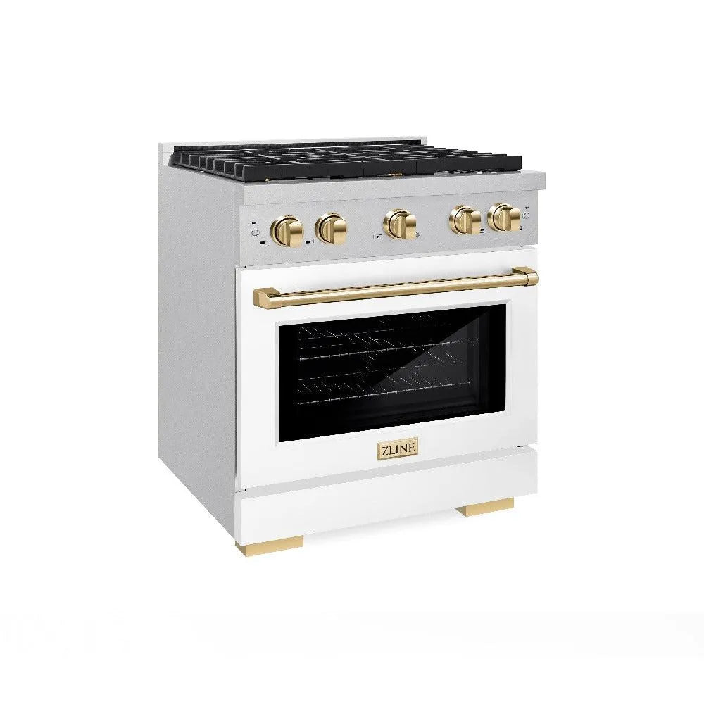 ZLINE Autograph Edition Paramount 30-inch range in satin stainless steel with white matte door and polished gold accents SGRSZ-WM-30-G