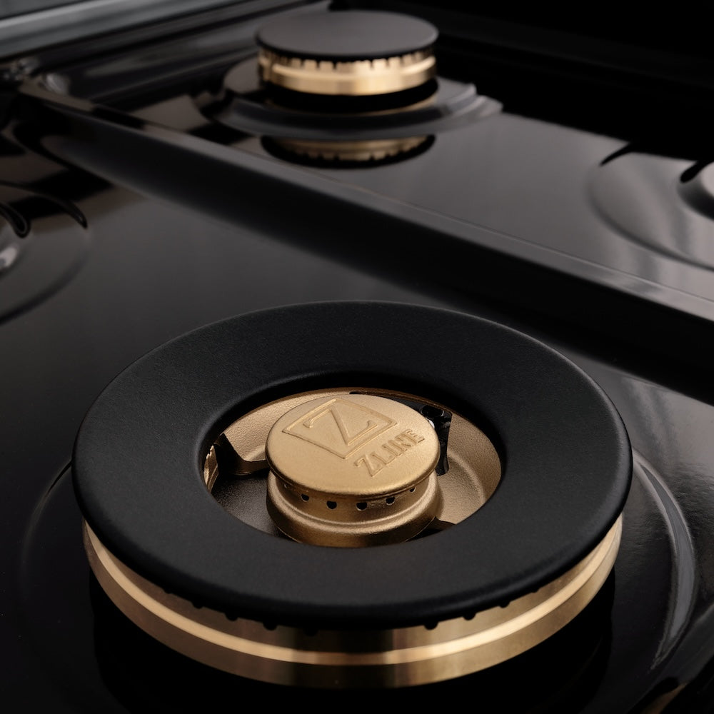ZLINE Autograph Edition Legacy 36-inch range in satin stainless steel with black matte door and champagne bronze accents RASZ-BLM-36-CB, detail