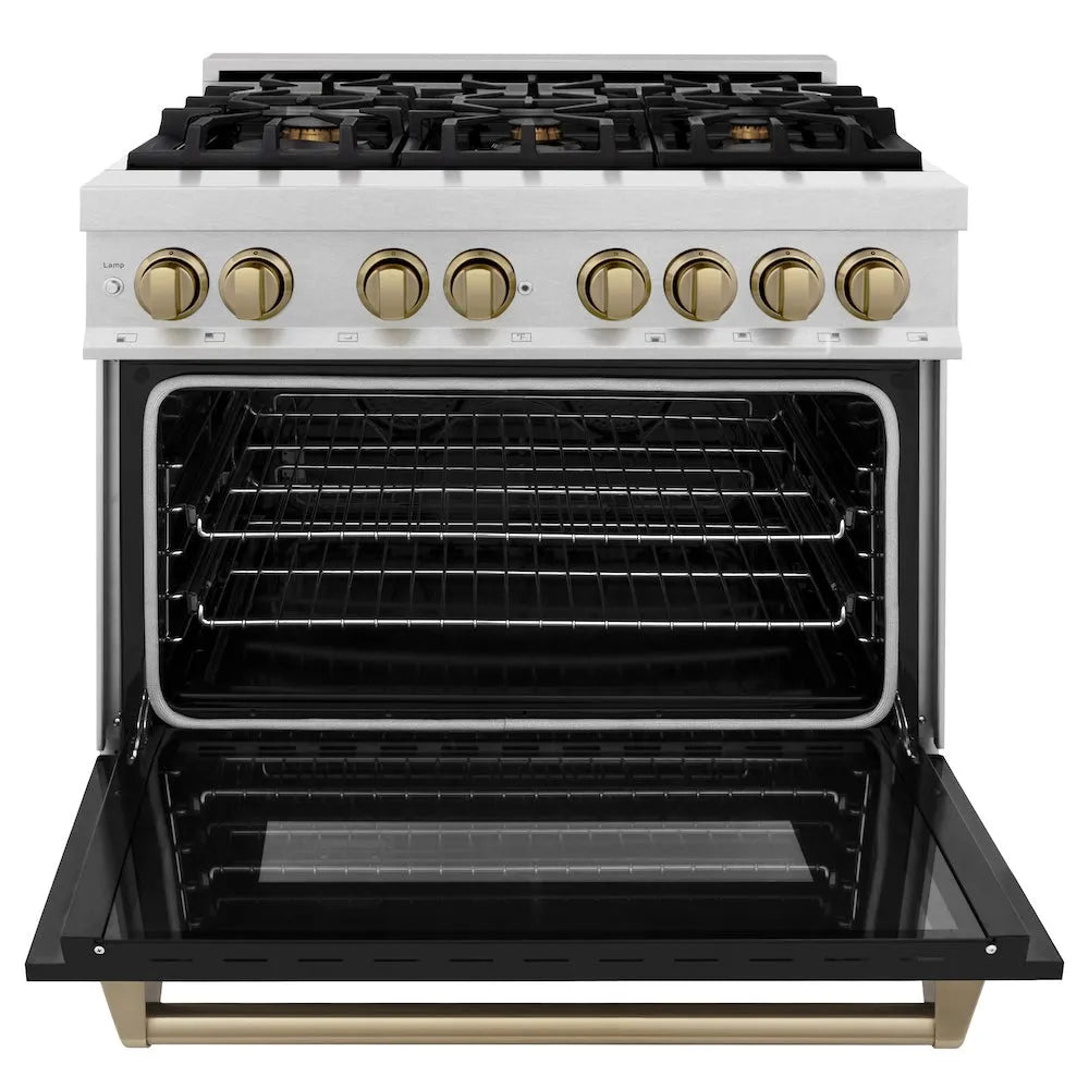 ZLINE Autograph Edition Legacy 36-inch range in satin stainless steel with black matte door and champagne bronze accents RASZ-BLM-36-CB, front view