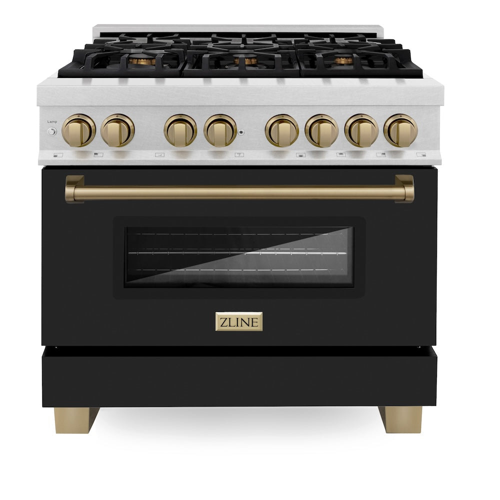 ZLINE Autograph Edition Legacy 36-inch range in satin stainless steel with black matte door and champagne bronze accents RASZ-BLM-36-CB, front view
