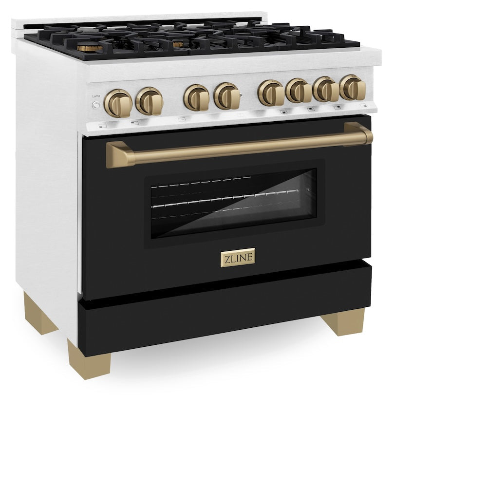 ZLINE Autograph Edition Legacy 36-inch range in satin stainless steel with black matte door and champagne bronze accents RASZ-BLM-36-CB, side view