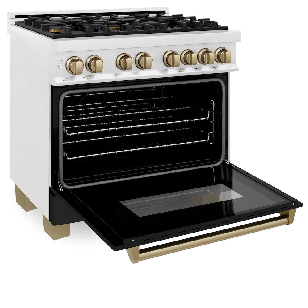ZLINE Autograph Edition Legacy 36-inch range in satin stainless steel with black matte door and champagne bronze accents RASZ-BLM-36-CB, door open