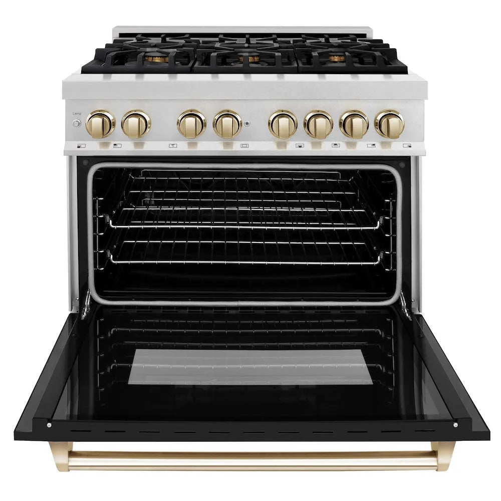 ZLINE Autograph Edition Legacy 36-inch range in satin stainless steel with black matte door and polished gold accents RASZ-BLM-36-G, front view