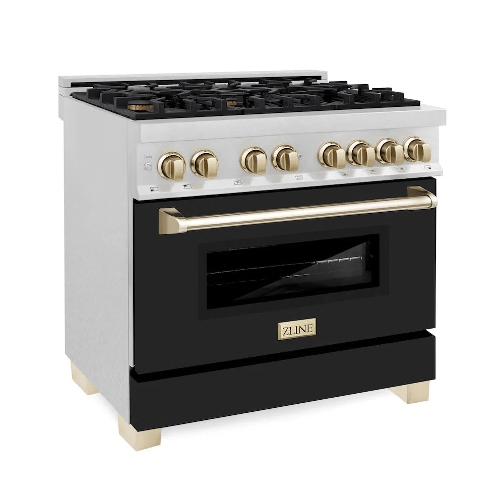 ZLINE Autograph Edition Legacy 36-inch range in satin stainless steel with black matte door and polished gold accents RASZ-BLM-36-G