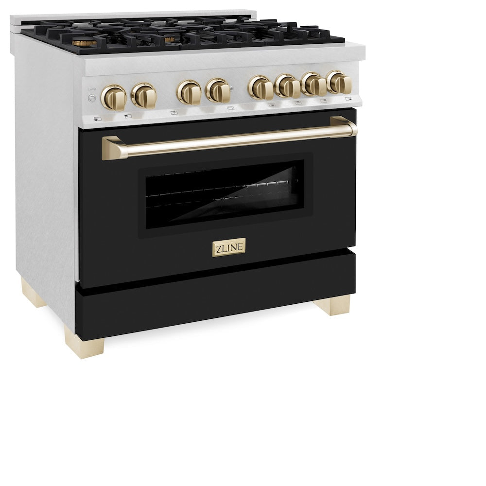 ZLINE Autograph Edition Legacy 36-inch range in satin stainless steel with black matte door and polished gold accents RASZ-BLM-36-G, view 5