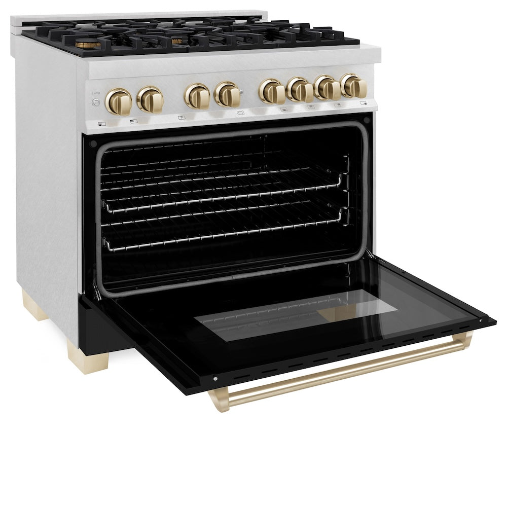 ZLINE Autograph Edition Legacy 36-inch range in satin stainless steel with black matte door and polished gold accents RASZ-BLM-36-G, door open