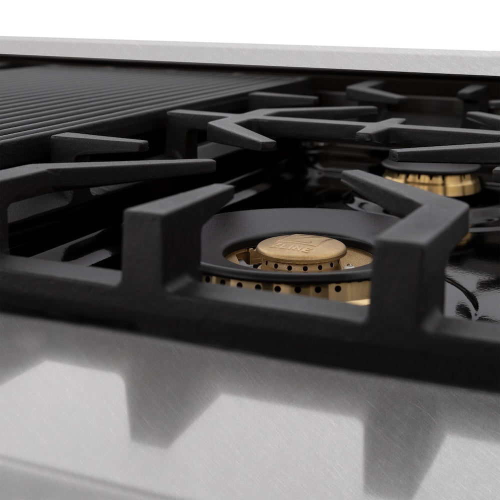ZLINE Autograph Edition Legacy 48-inch range in satin stainless steel with black matte door and champagne bronze accents RASZ-BLM-48-CB, detail