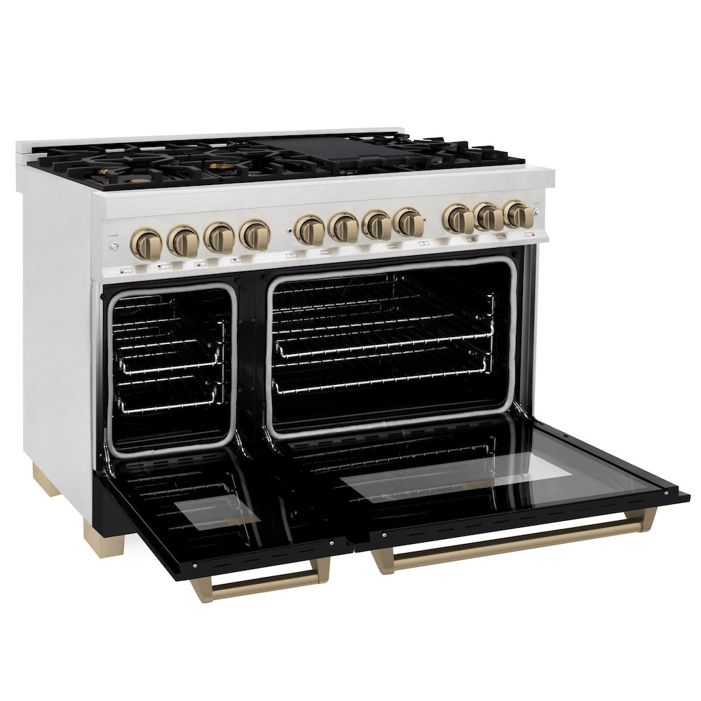 ZLINE Autograph Edition Legacy 48-inch range in satin stainless steel with black matte door and champagne bronze accents RASZ-BLM-48-CB, door open
