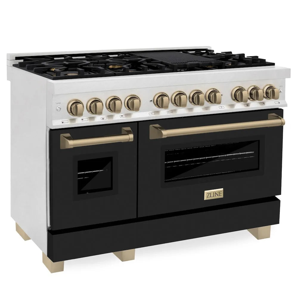 ZLINE Autograph Edition Legacy 48-inch range in satin stainless steel with black matte door and champagne bronze accents RASZ-BLM-48-CB