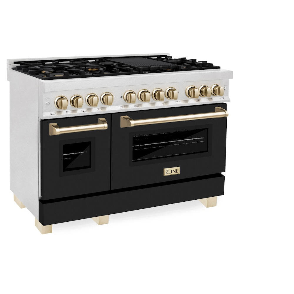 ZLINE Autograph Edition Legacy 48-inch range in satin stainless steel with black matte door and polished gold accents RASZ-BLM-48-G, view 4
