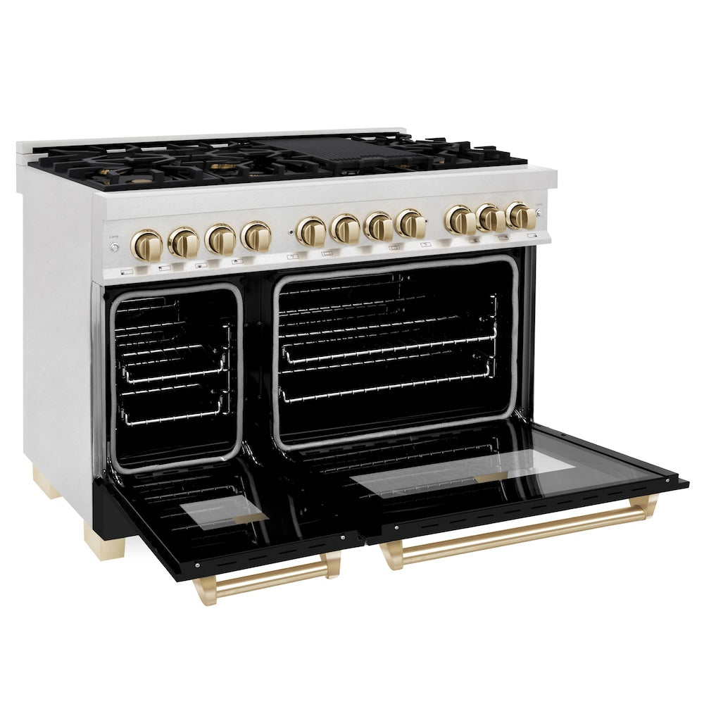 ZLINE Autograph Edition Legacy 48-inch range in satin stainless steel with black matte door and polished gold accents RASZ-BLM-48-G, door open