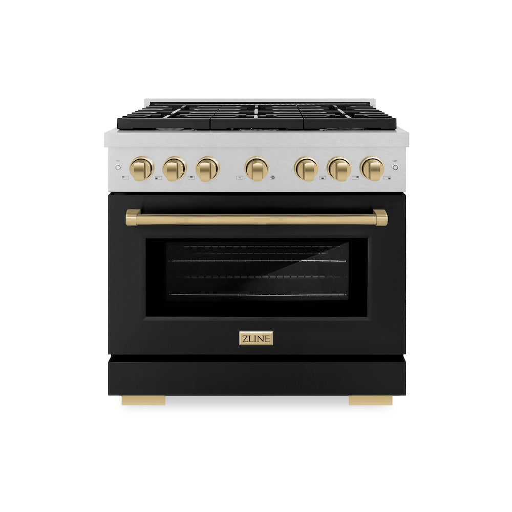 ZLINE Autograph Edition Paramount 36-inch range in satin stainless steel with black matte door and champagne bronze accents SDRSZ-BLM-36-CB, front view