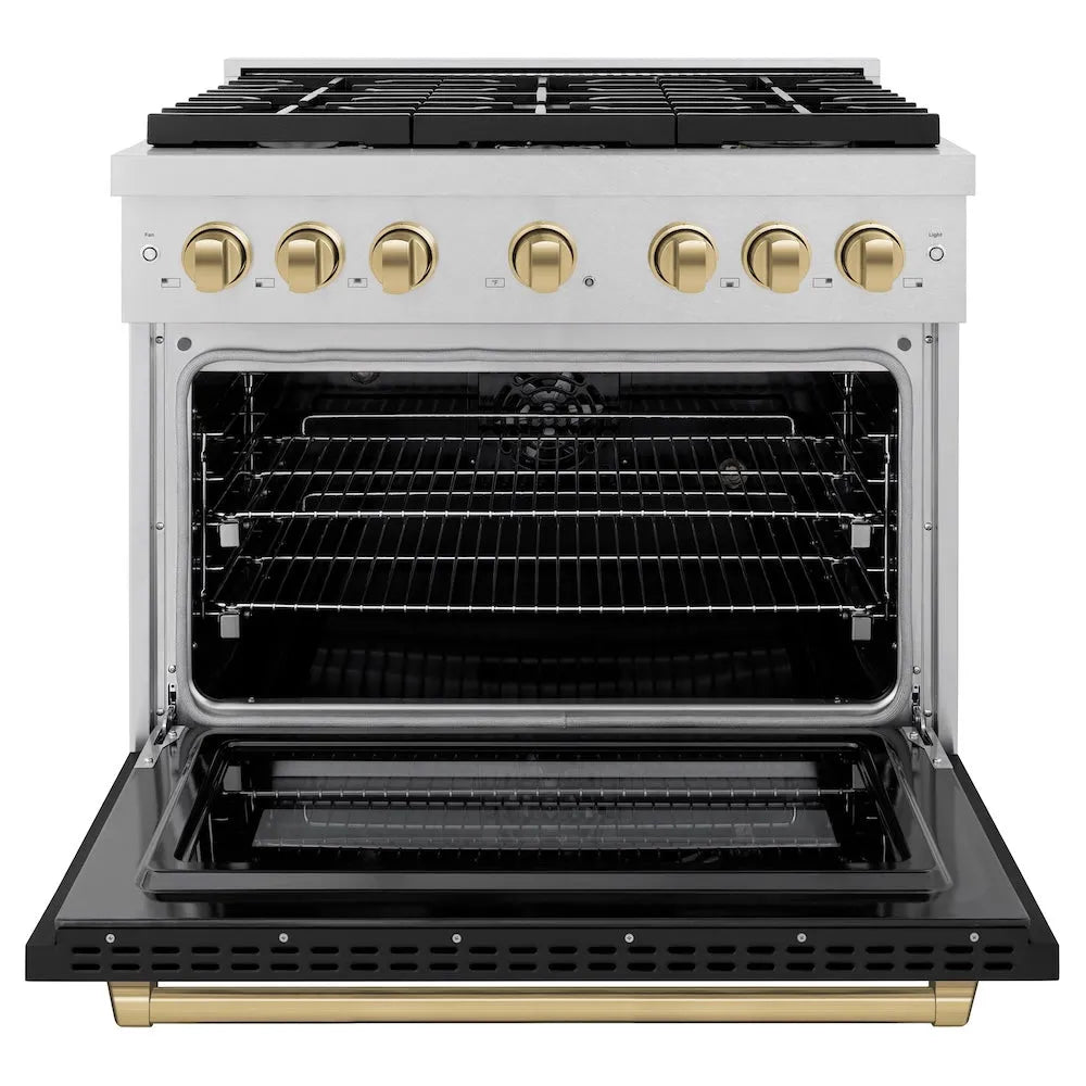 ZLINE Autograph Edition Paramount 36-inch range in satin stainless steel with black matte door and champagne bronze accents SDRSZ-BLM-36-CB, front view