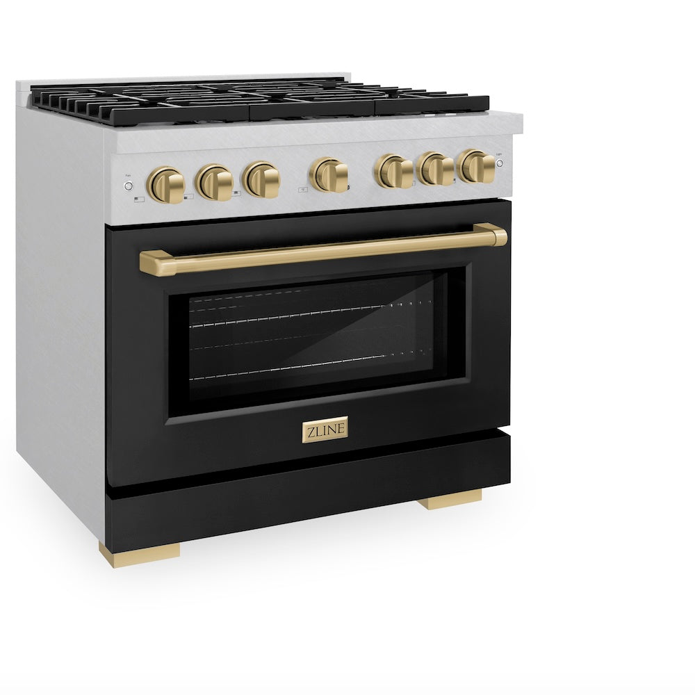 ZLINE Autograph Edition Paramount 36-inch range in satin stainless steel with black matte door and champagne bronze accents SDRSZ-BLM-36-CB, view 5