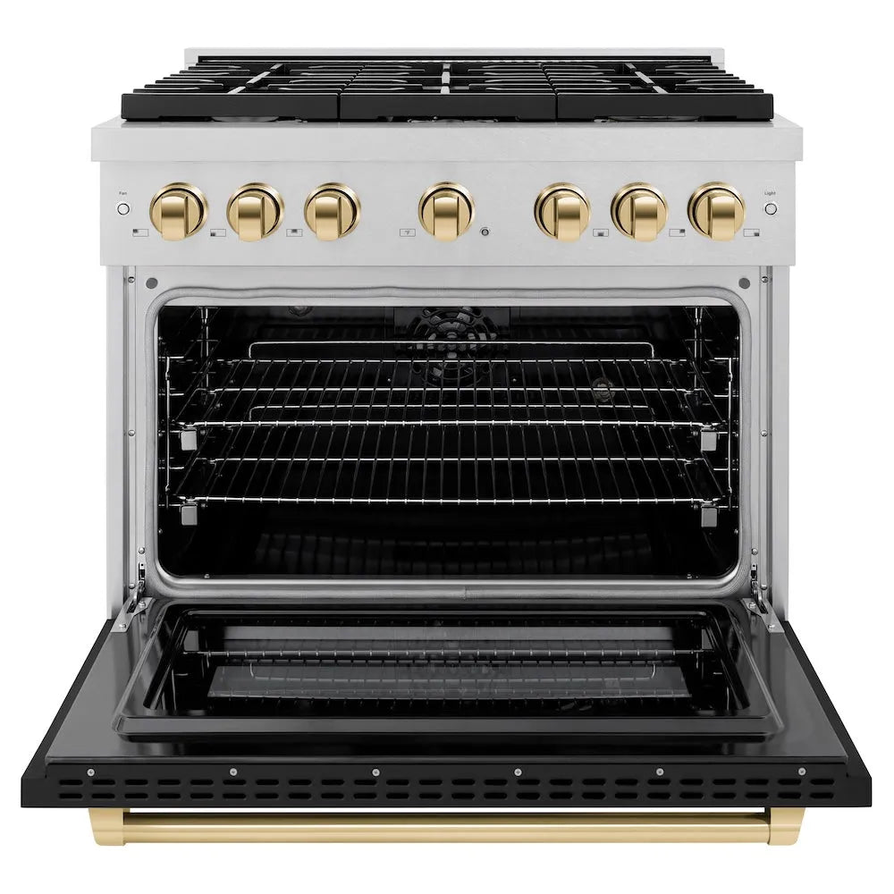 ZLINE Autograph Edition Paramount 36-inch range in satin stainless steel with black matte door and polished gold accents SDRSZ-BLM-36-G, front view