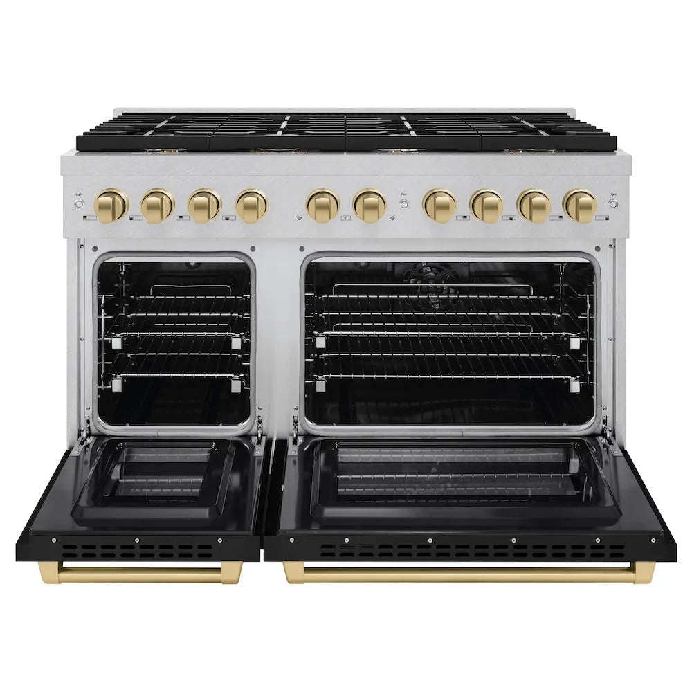 ZLINE Autograph Edition Paramount 48-inch range in satin stainless steel with black matte door and champagne bronze accents SDRSZ-BLM-48-CB, front view