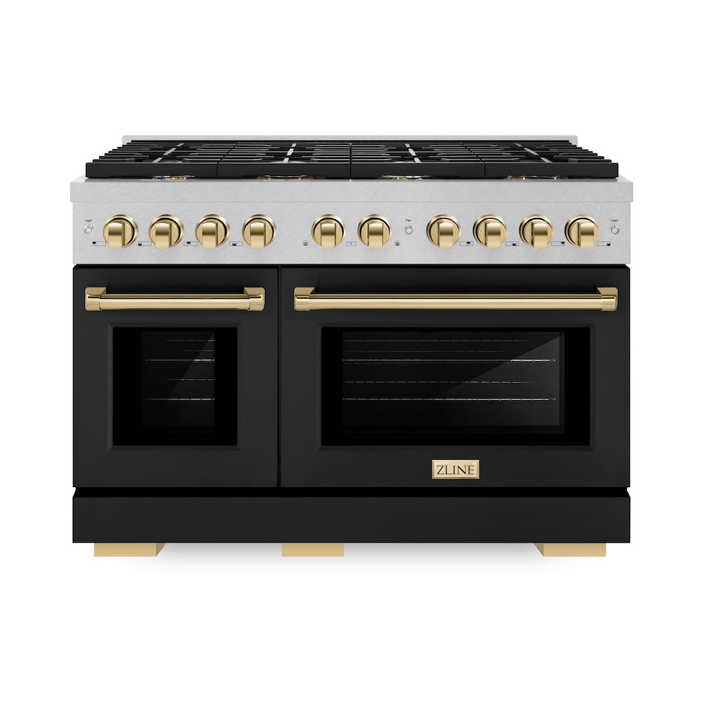 ZLINE Autograph Edition Paramount 48-inch range in satin stainless steel with black matte door and polished gold accents SDRSZ-BLM-48-G, front view
