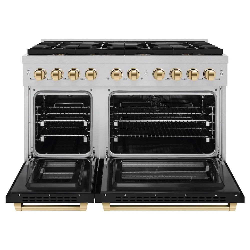 ZLINE Autograph Edition Paramount 48-inch range in satin stainless steel with black matte door and polished gold accents SDRSZ-BLM-48-G, front view