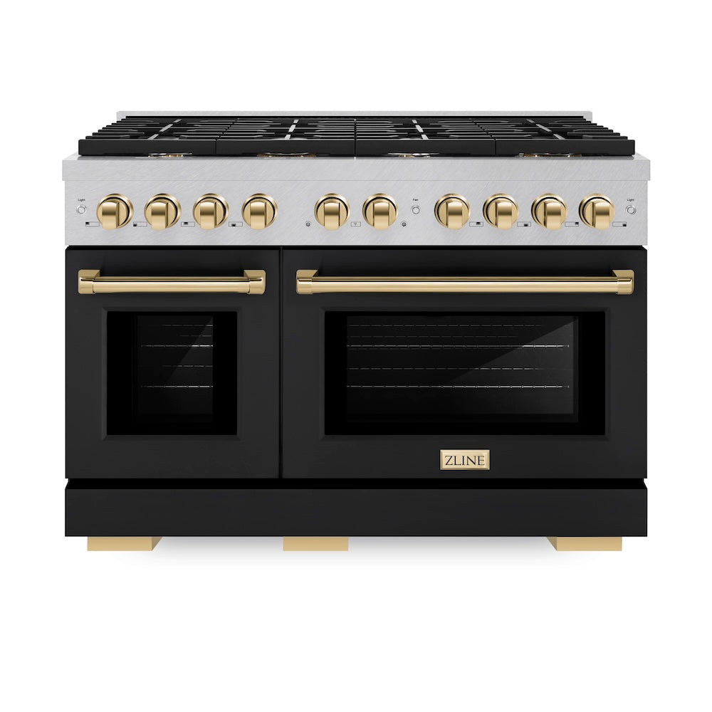 ZLINE Autograph Edition Paramount 48-inch range in satin stainless steel with black matte door and polished gold accents SDRSZ-BLM-48-G, front view