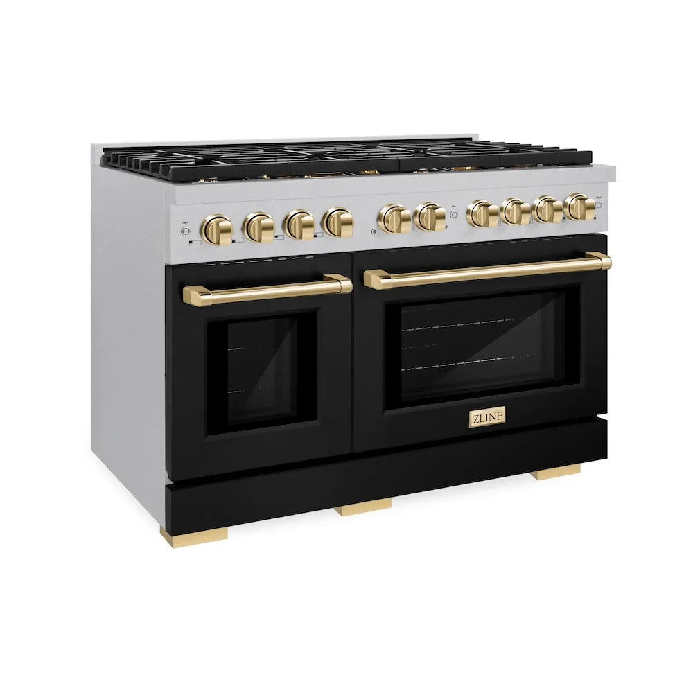 ZLINE Autograph Edition Paramount 48-inch range in satin stainless steel with black matte door and polished gold accents SDRSZ-BLM-48-G