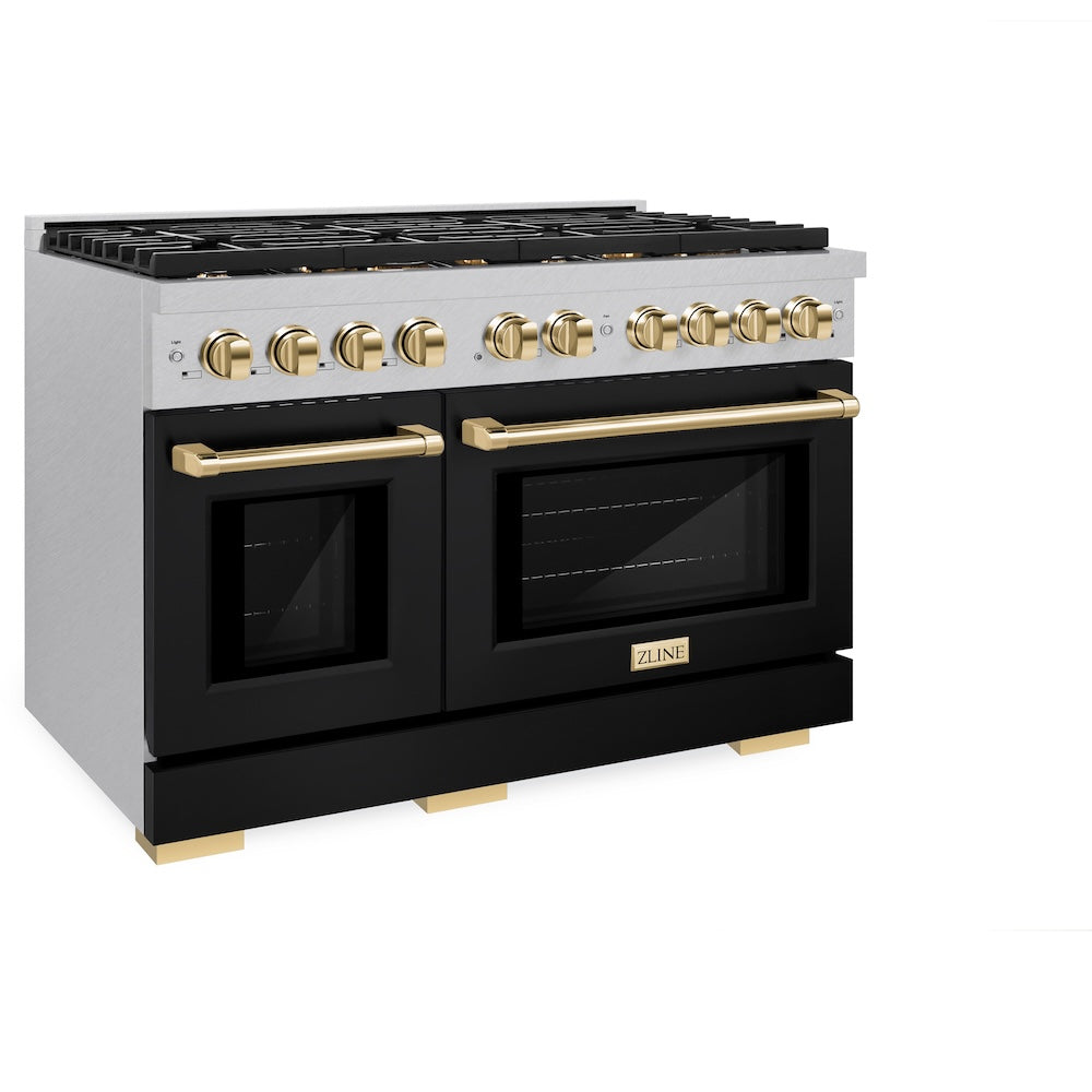 ZLINE Autograph Edition Paramount 48-inch range in satin stainless steel with black matte door and polished gold accents SDRSZ-BLM-48-G, view 5