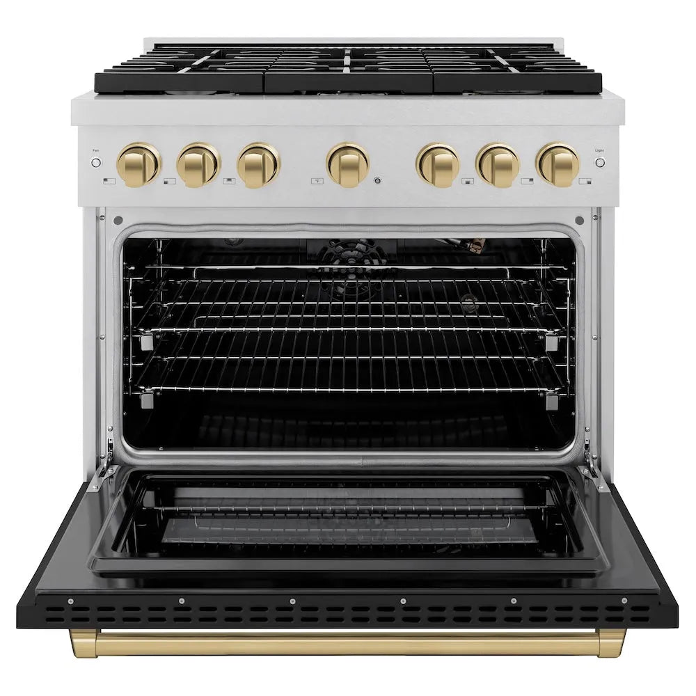ZLINE Autograph Edition Paramount 36-inch range in satin stainless steel with black matte door and champagne bronze accents SGRSZ-BLM-36-CB, front view