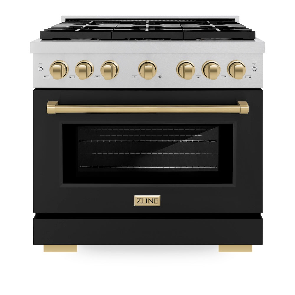 ZLINE Autograph Edition Paramount 36-inch range in satin stainless steel with black matte door and champagne bronze accents SGRSZ-BLM-36-CB, front view