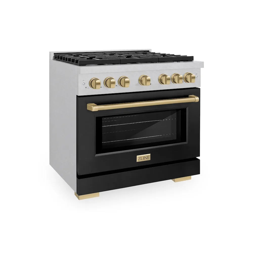 ZLINE Autograph Edition Paramount 36-inch range in satin stainless steel with black matte door and champagne bronze accents SGRSZ-BLM-36-CB