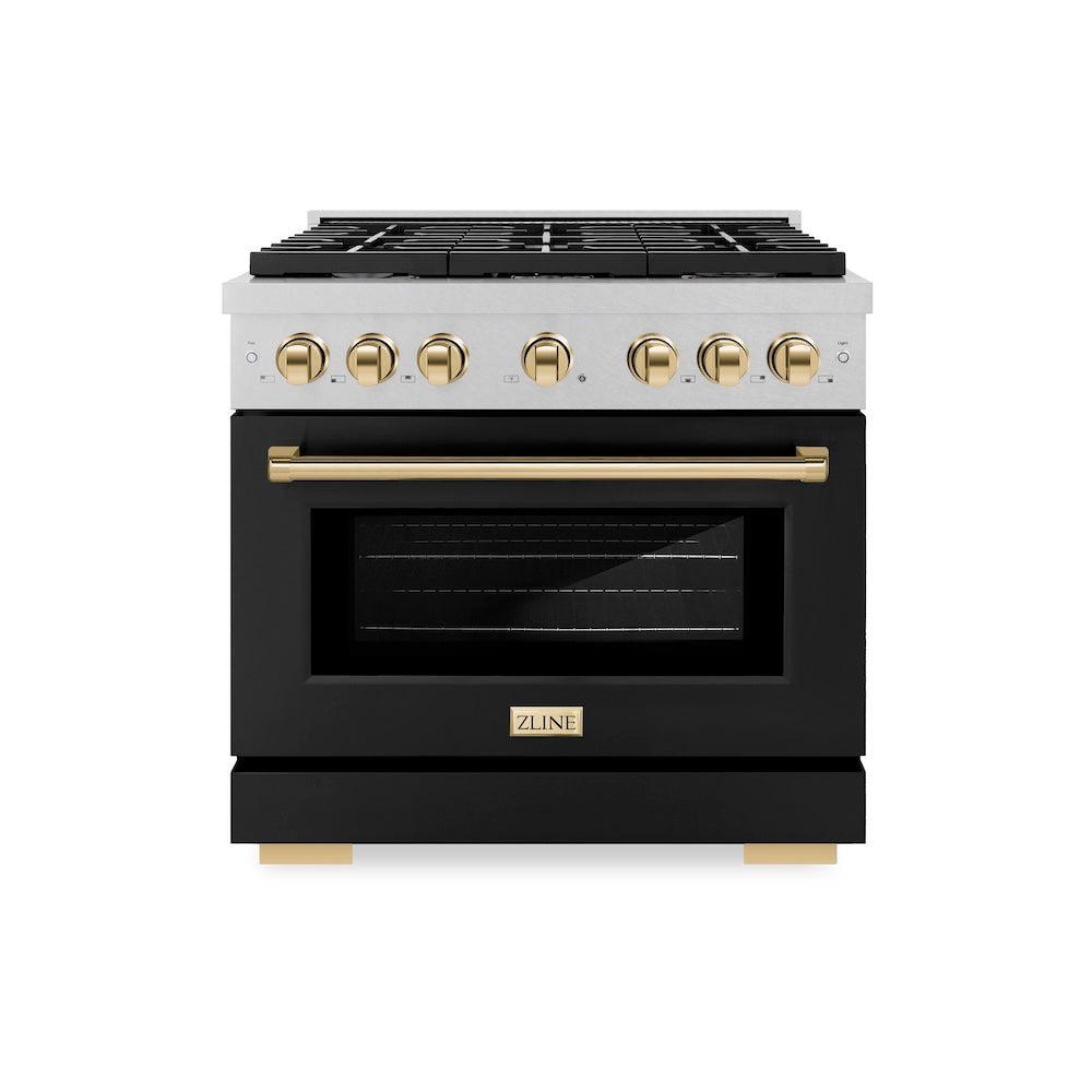 ZLINE Autograph Edition Paramount 36-inch range in satin stainless steel with black matte door and polished gold accents SGRSZ-BLM-36-G, front view