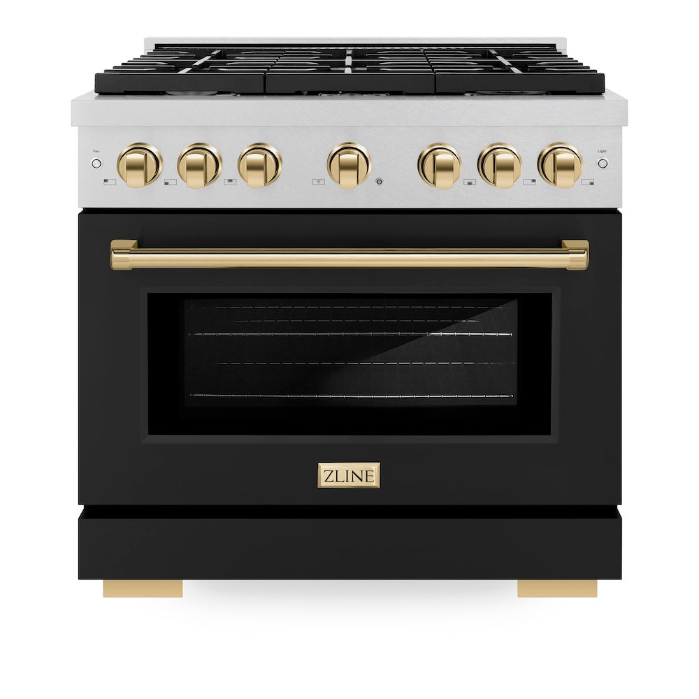 ZLINE Autograph Edition Paramount 36-inch range in satin stainless steel with black matte door and polished gold accents SGRSZ-BLM-36-G, front view