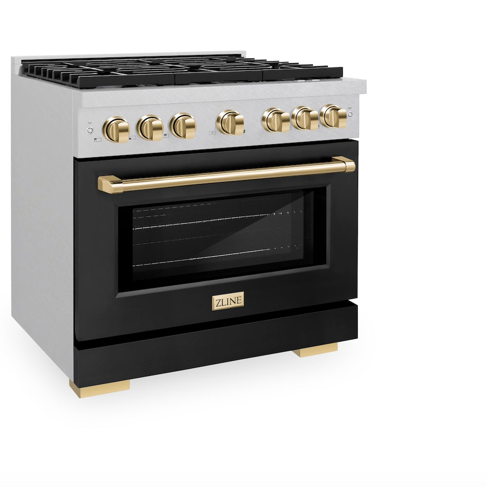 ZLINE Autograph Edition Paramount 36-inch range in satin stainless steel with black matte door and polished gold accents SGRSZ-BLM-36-G, view 5