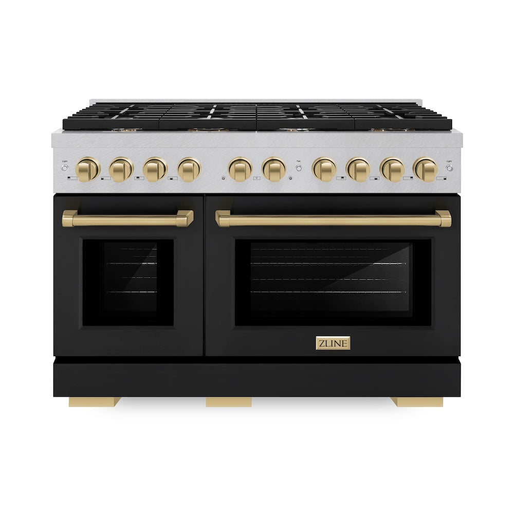 ZLINE Autograph Edition Paramount 48-inch range in satin stainless steel with black matte door and champagne bronze accents SGRSZ-BLM-48-CB, front view