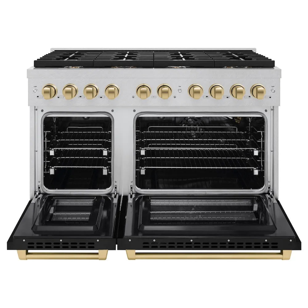 ZLINE Autograph Edition Paramount 48-inch range in satin stainless steel with black matte door and champagne bronze accents SGRSZ-BLM-48-CB, front view