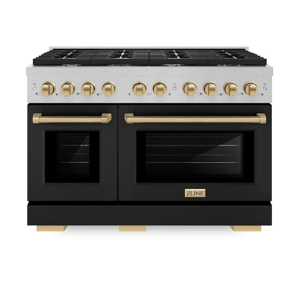 ZLINE Autograph Edition Paramount 48-inch range in satin stainless steel with black matte door and champagne bronze accents SGRSZ-BLM-48-CB, front view