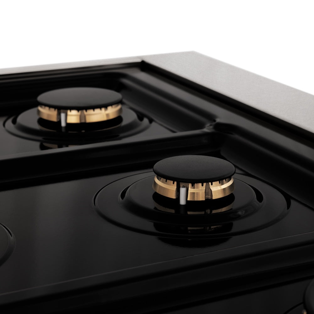 ZLINE Autograph Edition Legacy 30-inch range in satin stainless steel and polished gold accents RASZ-SN-30-G, detail
