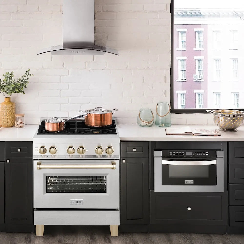 ZLINE Autograph Edition Legacy 30-inch range in satin stainless steel and polished gold accents RASZ-SN-30-G, front view