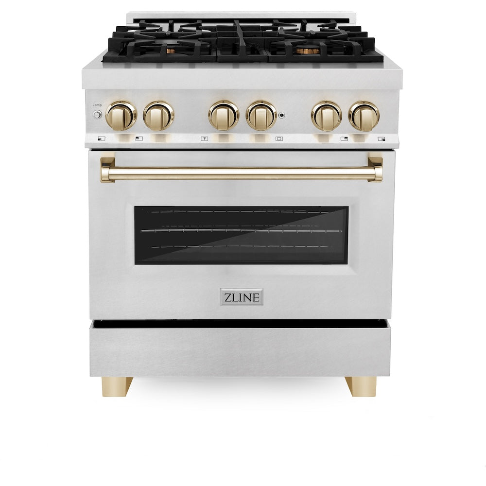 ZLINE Autograph Edition Legacy 30-inch range in satin stainless steel and polished gold accents RASZ-SN-30-G, front view