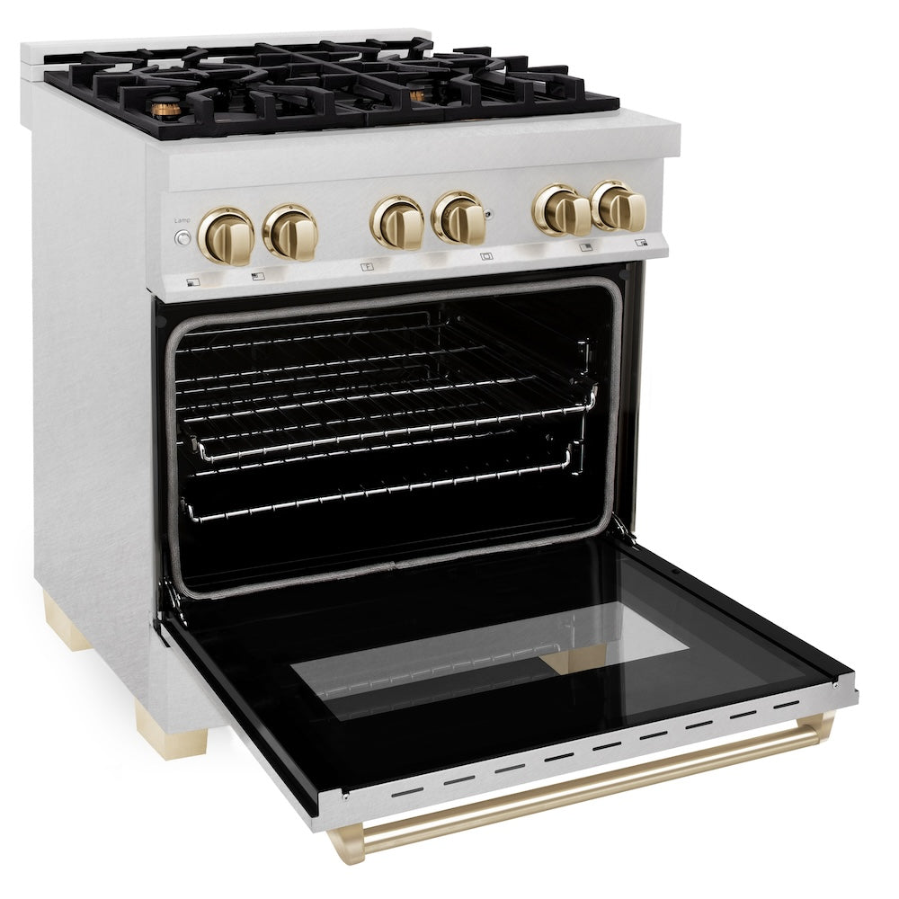 ZLINE Autograph Edition Legacy 30-inch range in satin stainless steel and polished gold accents RASZ-SN-30-G, door open